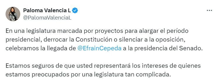 La senadora resaltó que Cepeda será un presidente que brinde garantías a la oposición - crédito @PalomaValenciaL/X