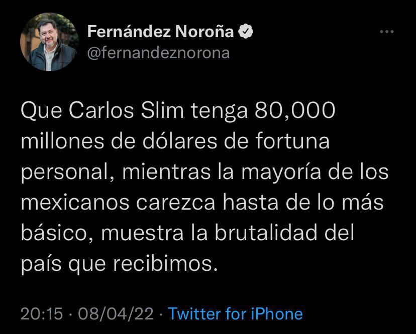 Noroña criticó fortuna de Slim (Foto: Twitter)