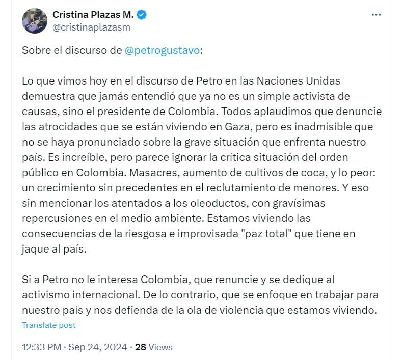 La dirigente aseguró que el discurso del primer mandatario no contó con alguna referencia a la situación del país - crédito @cristinaplazasm/X