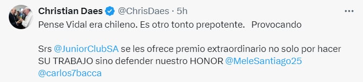 Christian Daes prometió premio en caso de que Junior de Barranquilla venza a Colo Colo - crédito @ChrisDaes/X