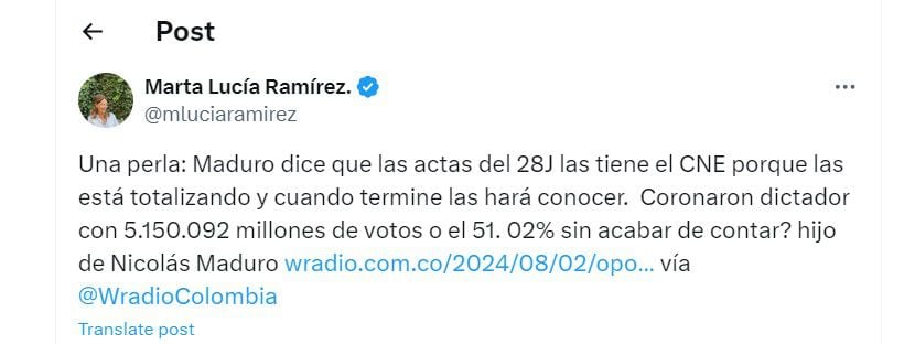 Marta Lucía Ramírez  recuerda entrevista del hijo de Nicolás Maduro - crédito @mluciaramirez