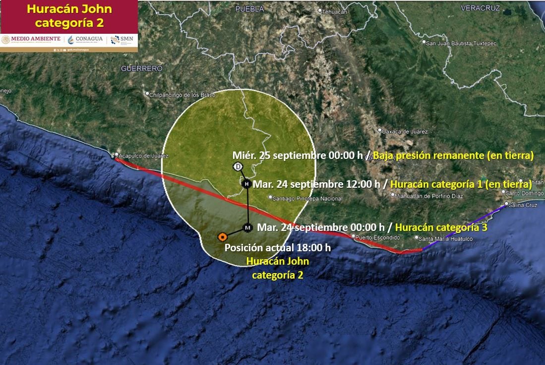 El huracán John se acerca a las costas de Guerrero y Oaxaca, mantiene la categoría dos (X/ @conagua_clima)