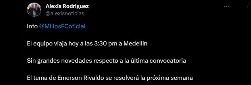 Después del partido ante Atlético Nacional, Millonarios definirá la contratación de Emerson Rodríguez - crédito @alexisnoticias/X