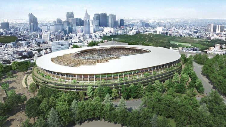  El estadio estará ubicado en el sitio del Estadio Olímpico de Tokio de Kenzo Tange en 1964, que fue demolido para dar paso a la nueva estructura. El estadio con celosía de madera de tres niveles y 80,000 asientos (Kengo Kuma and Associates)