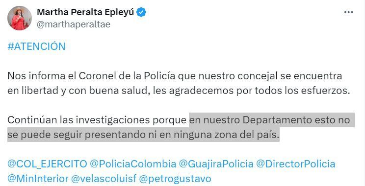La liberación del concejal fue expuesta por la senadora Martha Peralta Epieyú en su cuenta oficial de X - captura de pantalla X