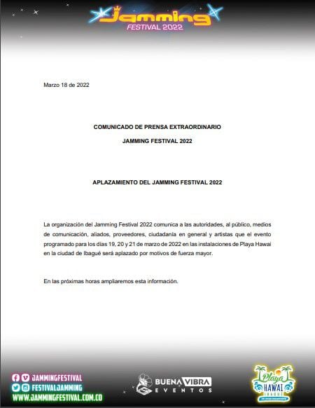 Declaração oficial do Jamming Festival para 18 de março de 2022