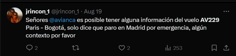 Algunos ciudadanos decidieron preguntar sobre el vuelo en redes sociales - crédito @jrincon_1/X