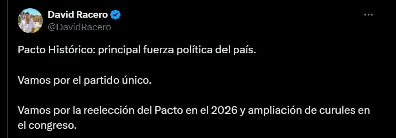 David Racero aseguró que irán por la reelección del Pacto Histórico en 2026 - crédito @DavidRacero/X