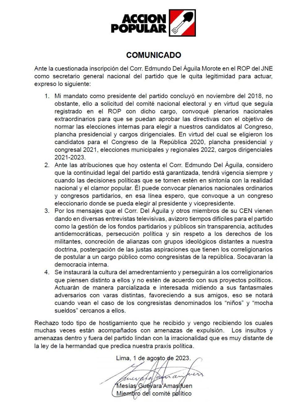 Expresidente de Acción Popular denunció presuntas amenazas en su contra. | Mesías Guevara