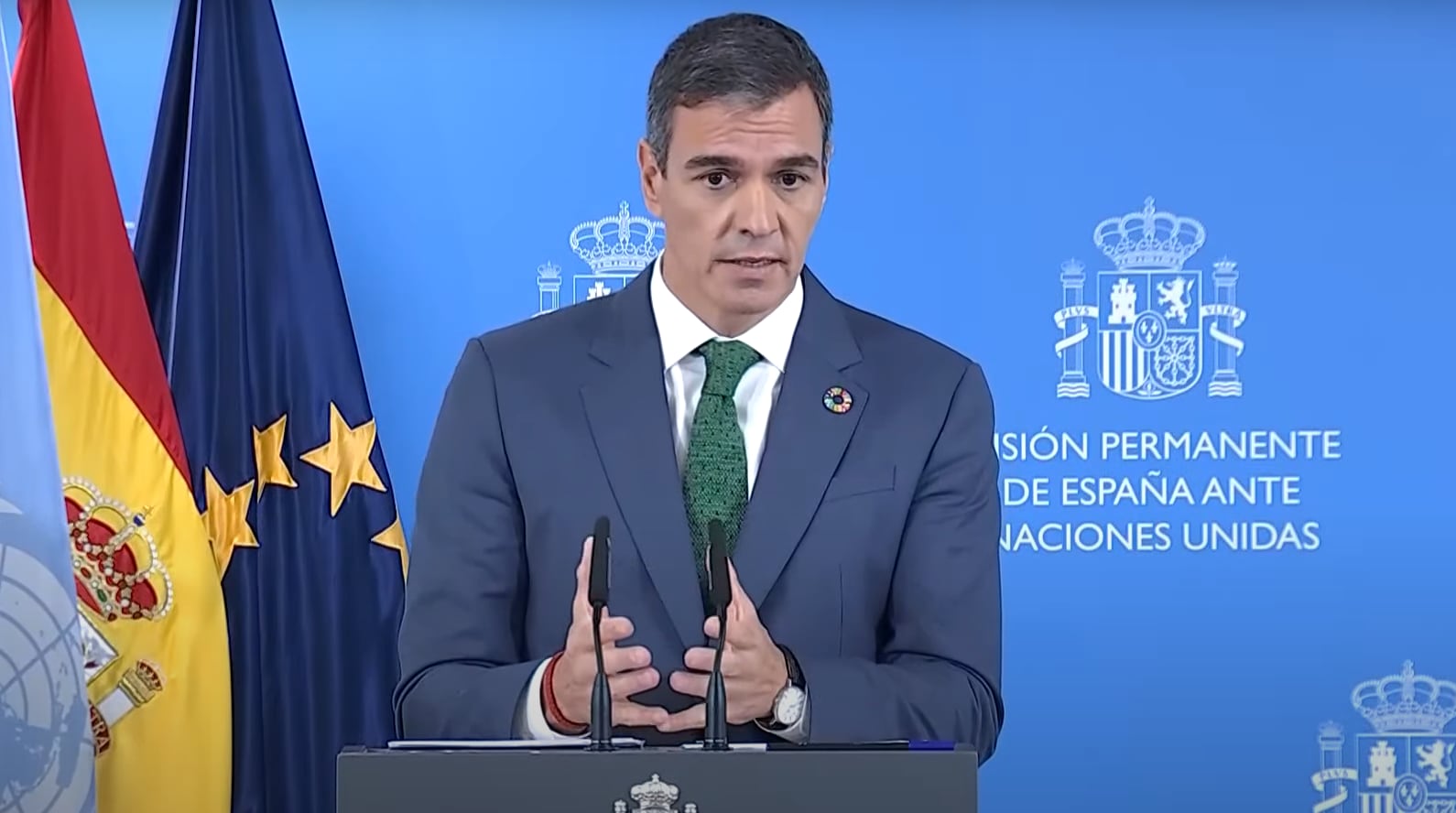 Pedro Sánchez durante la rueda de prensa en Nueva York.