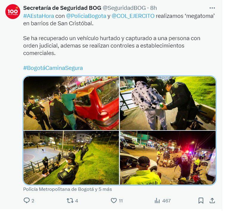 Las megatomas se viene realizando cada semana en la capital con el fin de desmantelar organizaciones delictivas dedicadas al hurto, la extorsión y el microtráfico - crédito @SeguridadBOG/X