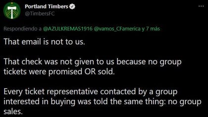 This email is not ours.  This check was not issued to us because the group tickets were not promised or sold.  Any group representative interested in purchasing tickets was told the same: No large group sales (Image: Twitter @ TimbersFC)