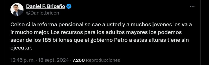 Briceño aseguró que a los jóvenes de Colombia le irá mejor si se cae la reforma - crédito @Danielbricen/X