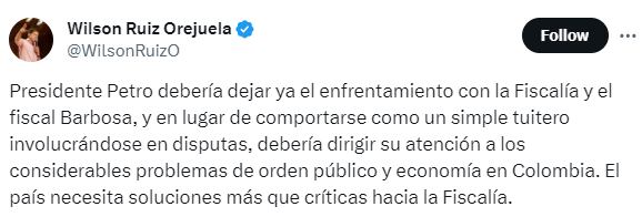 Wilson Ruiz calificó a Gustavo Petro de "simple tuitero"- crédito @WilsonRuizO/X