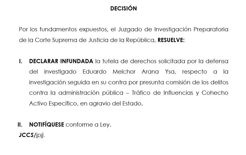 Fallo del PJ que declaró infundada la tutela de derechos del ministro de Justicia, Eduardo Arana.