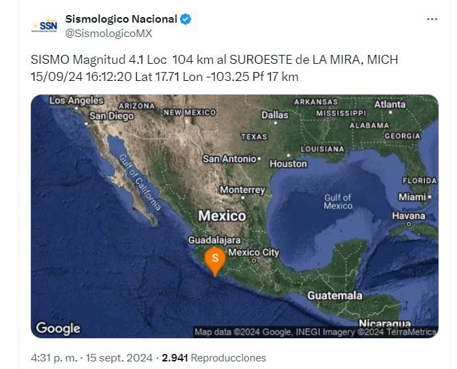 SN registró un sismo de 4.1 en Michoacán (X/ @SismologicoMX)