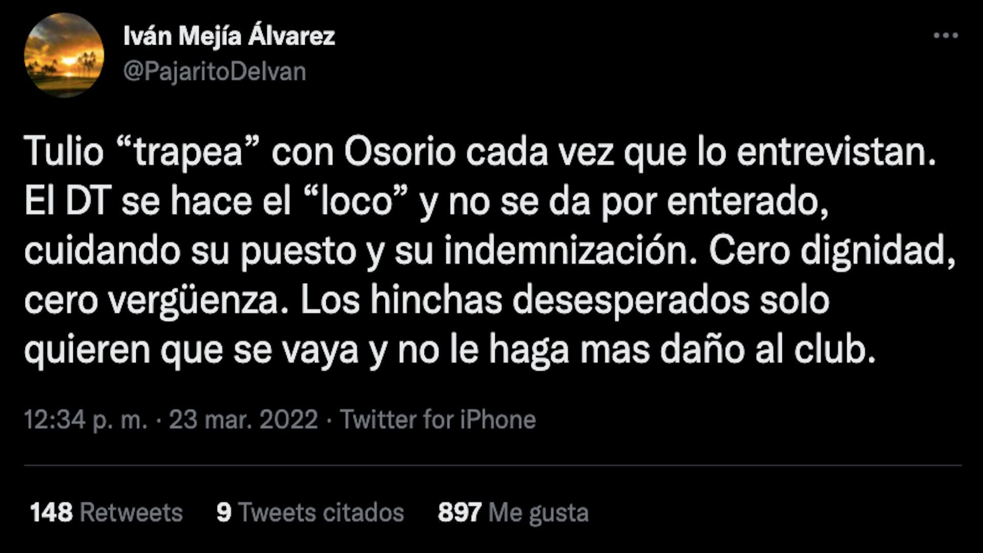 Ivan Mejia kritisiert erneut Juan Carlos Osorio, Trainer von America de Cali. Er sagt, er sei ein D.T. ohne Würde und ohne Schande (Twitter: @PajaritoDeIvan)