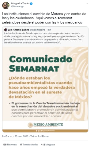 Margarita Zavala atacou Semarnat em um comunicado em que descreveu artistas como “pseudo-ambientalistas”