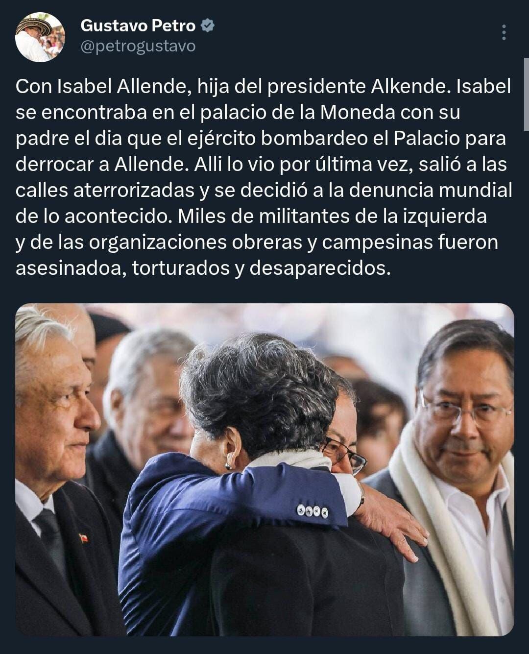 En una tercera rectificación, el presidente ahondó en lo que vivió Isabel Allende mientras su padre fue derrocado en el Palacio de la Moneda, en Chile - crédito @petrogustavo/X