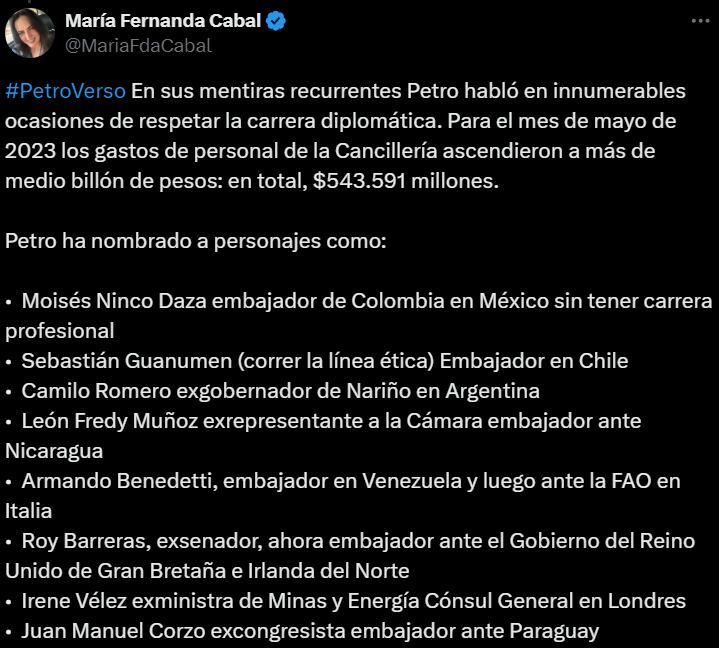 María Fernanda Cabal aseguró que el presidente Petro está negando la oportunidad a funcionarios con experiencia en temas de diplomacia - crédito @MariaFdaCabal/X