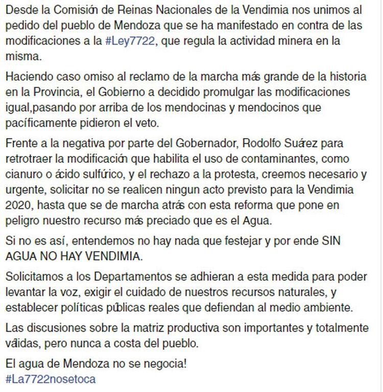 Comisión de Reinas Nacionales de la Vendimia (Facebook)