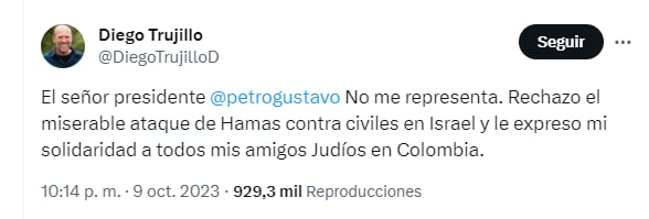 El actor Diego Trujillo aseguró que el presidente Gustavo Petro no lo representa - crédito @DiegoTrujilloD/X