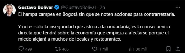 Gustavo Bolívar advirtió desolador panorama para la economía en Bogotá en caso de que continúen los robos en establecimientos comerciales - crédito @GustavoBolívar / X