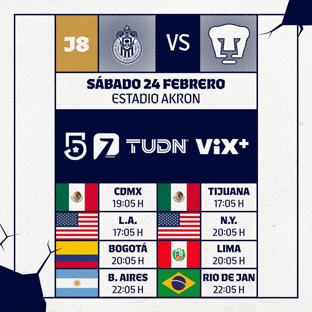 Horarios en el mundo del Pumas vs Guadalajara.