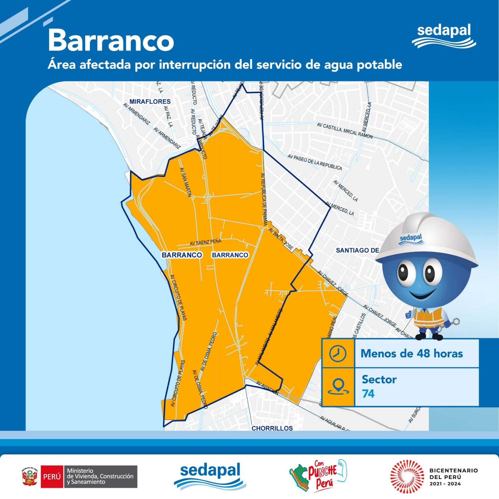 Mapa de las zonas que serán afectadas por el corte de agua en Barranco y horarios en que se suspenderá el servicio | Crédito: Sedapal.