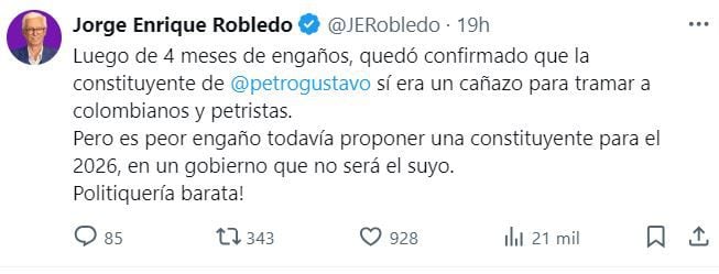 Robledo afirmó que Petro hace "politiquería barata" con la propuesta de una constituyente - crédito @JERobledo/X