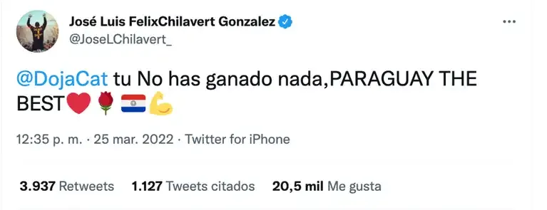 José Luis Chilavert, exportero de la selección de Paraguay y Vélez Sarsfield, le responde a Doja Cat. Foto: Twitter.