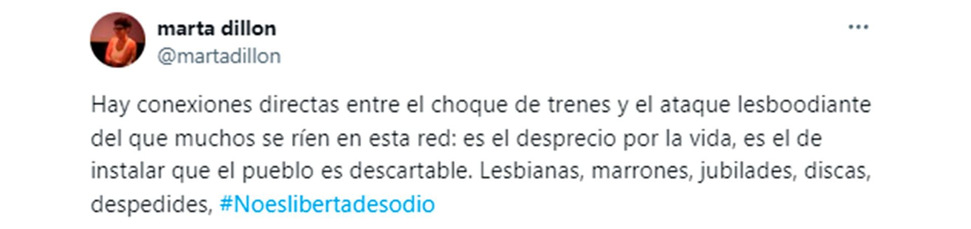 La periodista Marta Dillon señaló la relación entre el lesbicidio de Barracas y los discursos de odio, crueldad y descarte