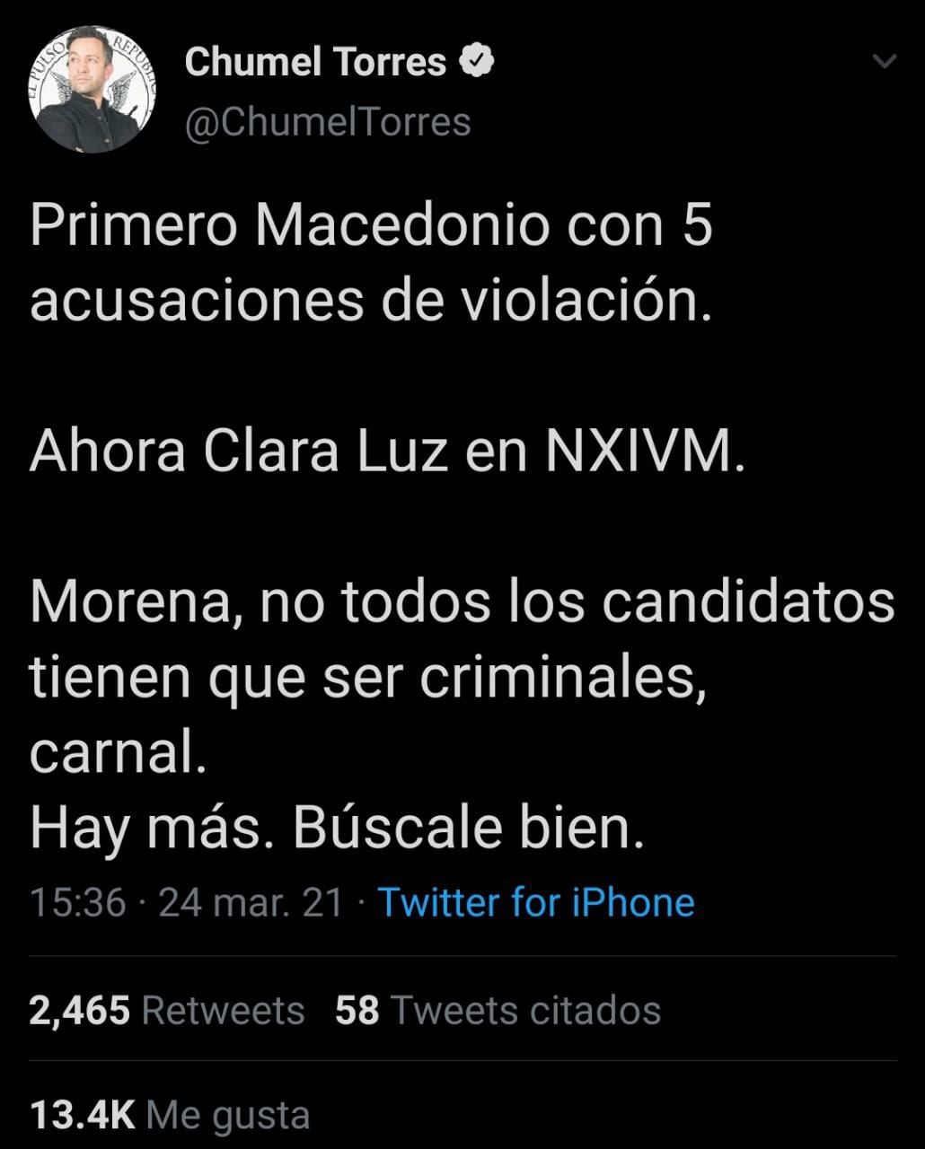 Primero Macedonio, ahora Clara Luz en NXIVM”: Chumel Torres y su feroz  crítica a Morena - Infobae