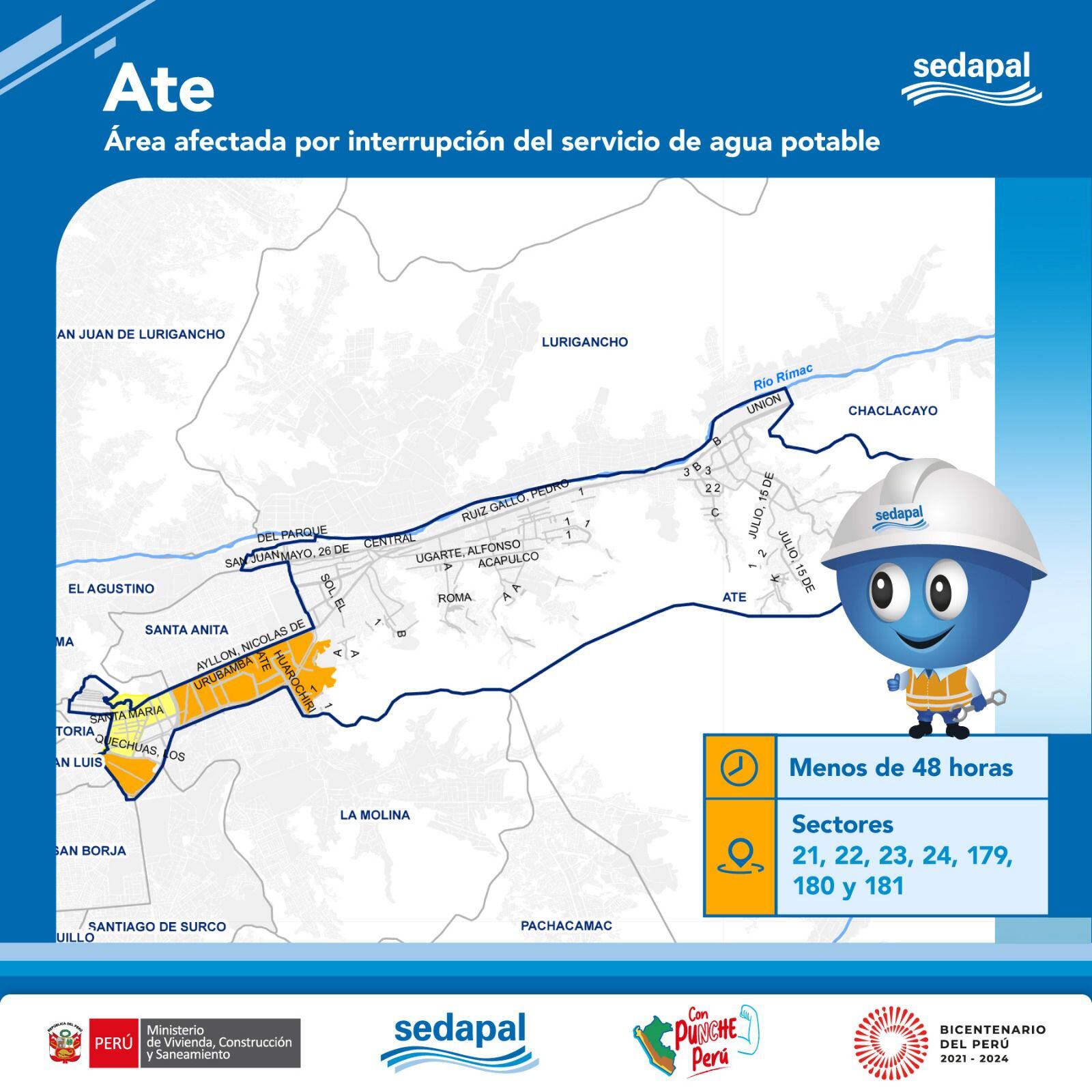 Mapa de las zonas que serán afectadas por el corte de agua en Ate y horarios en que se suspenderá el servicio | Crédito: Sedapal.