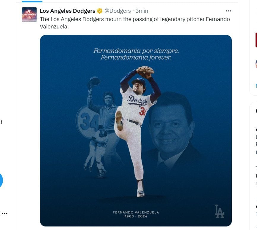 Fernando Valenzuela murió a los 63 años de edad (X/ @Dodgers)