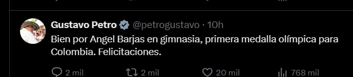 El presidente Petro se equivocó al felicitar a Barajas por su medalla olímpica - crédito @petrogustavo/X