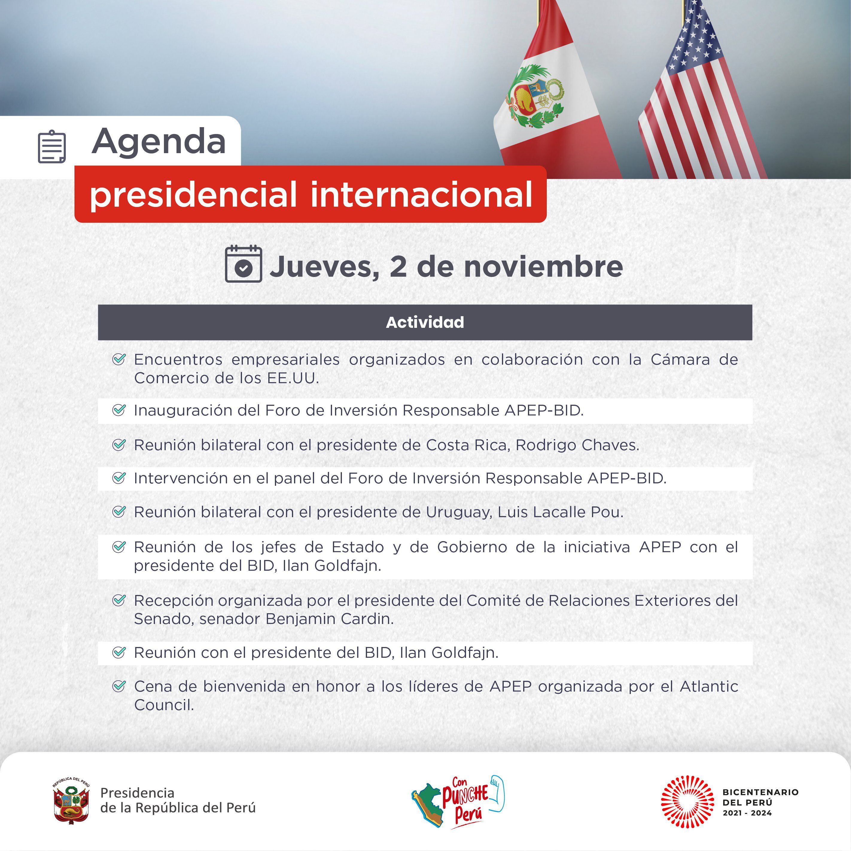 Agenda de la presidenta Dina Boluarte en  Estados Unidos. Fuente: Presidencia.