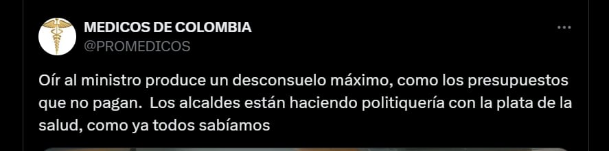 Médicos de Colombia se refirieron a las respuestas del ministro Jaramillo sobre el posible clientelismo con los recursos de la salud - crédito @PROMEDICOS/X