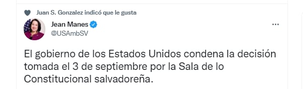 El mensaje publicado por la funcionaria norteamericana en El Salvador