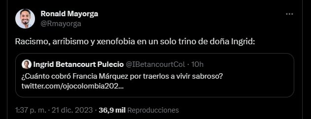 Ronald Mayorga le respondió a Ingrid Betancourt por el fuerte comentario en el que se fue con todo contra la vicepresidenta Francia Márquez - crédito @Rmayorga/X