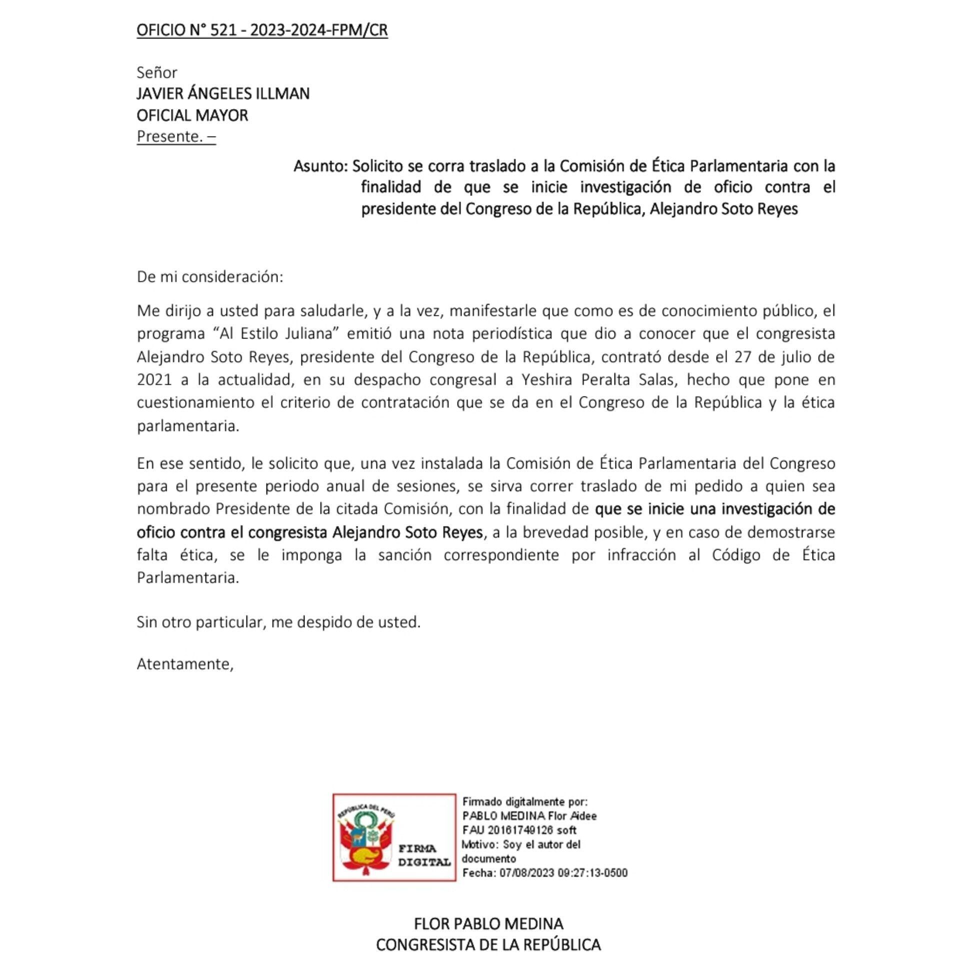 Documento enviado por la congresista no agrupada.| Flor Pablo