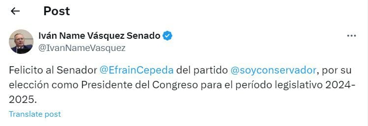 El expresidente del Senado celebró la llegada de Cepeda a la presidencia de la corporación - crédito @IvanNameVasquez/X