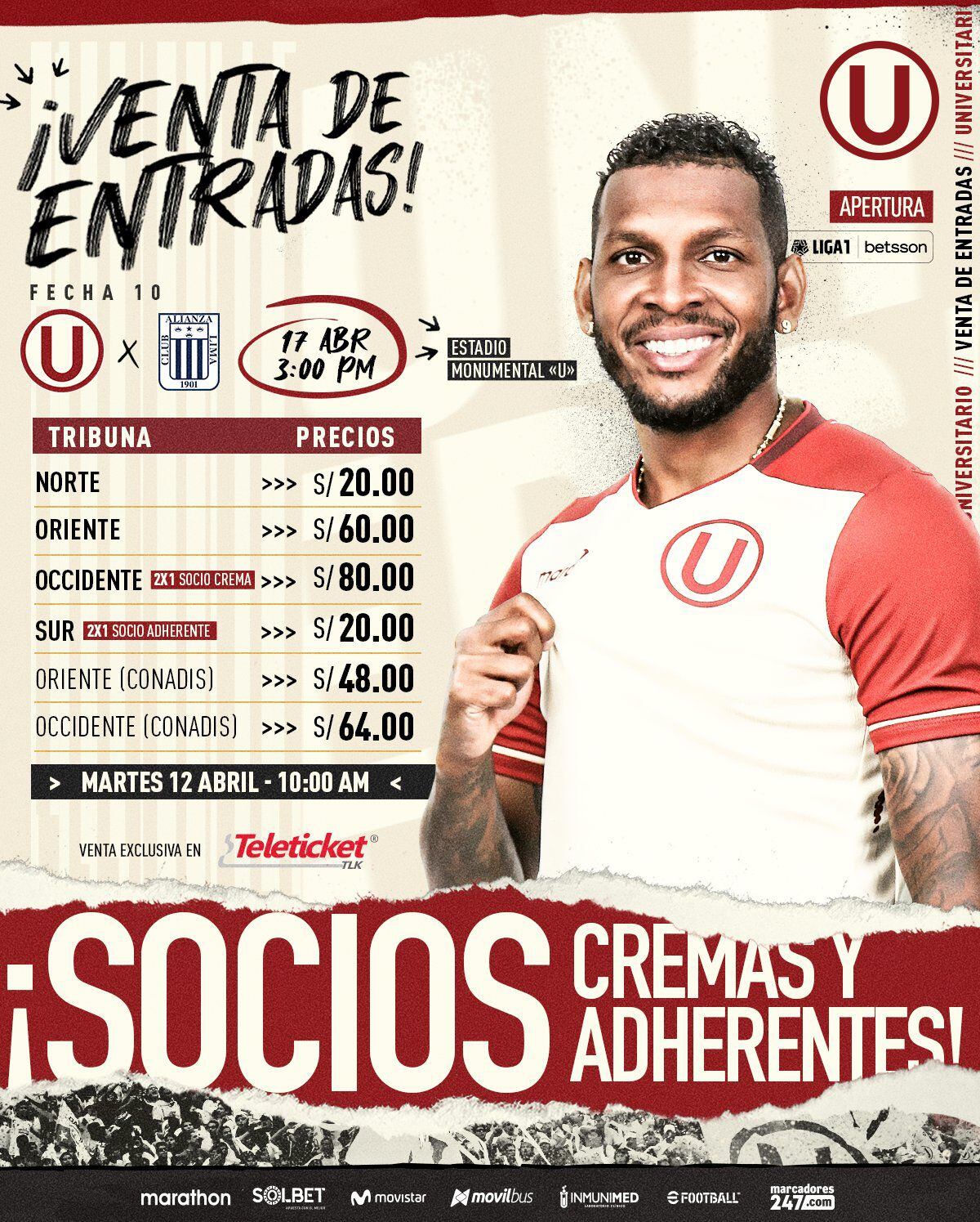 Precios de entradas para Universitario vs Alianza Lima por fecha 10 de Liga 1.