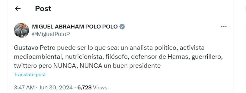 Miguel Polo Polo criticó en una nueva oportunidad al presidente Petro - crédito @MiguelPoloP