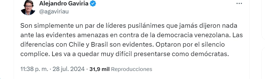 Alejandro Gaviria arremete contra Petro y Murillo - crédito @agaviriau/X