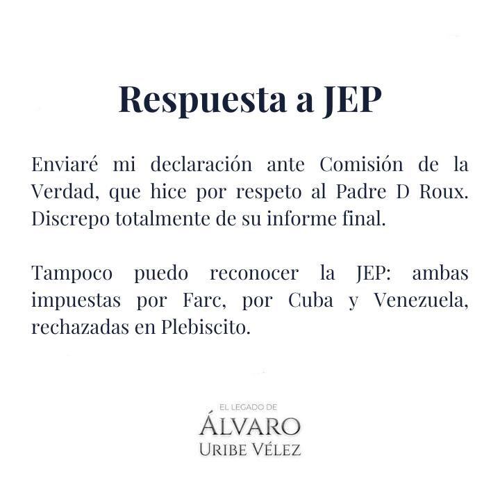 Con este mensaje en su cuenta de X (Twitter), el expresidente de la República, Álvaro Uribe Vélez, ratificó su postura crítica ante la JEP - crédito @alvarouribevel/X