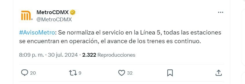 Reestablecen servicio Línea 5 Metro CDMX (X/ @MetroCDMX)