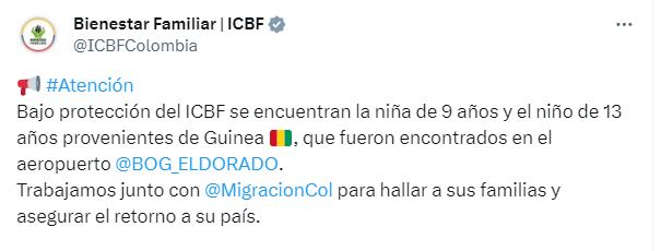 Icbf sobre menores africanos hallados en El Dorado - crédito @ICBFColombia