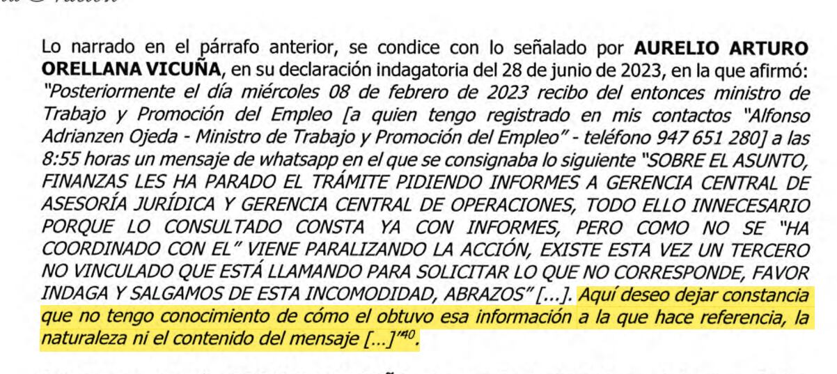 Orellana afirma que Adrianzén accedió a información de la cual no tenía conocimiento