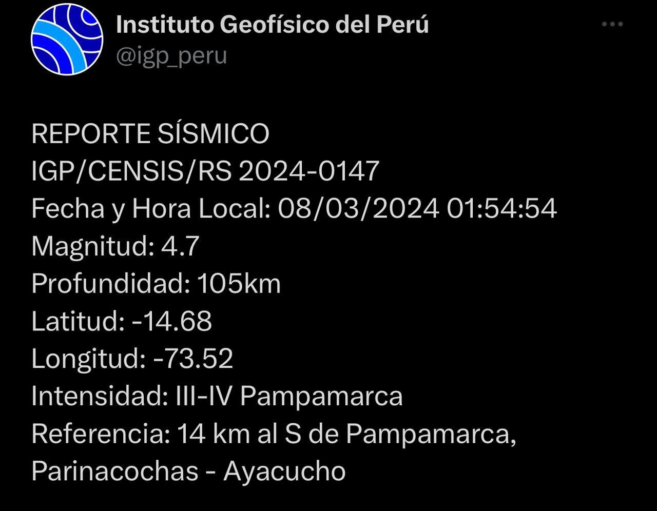 Reporte sísmico en Ayacucho la madrugada del viernes 8 de marzo.